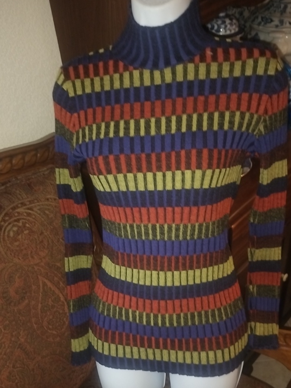 Nordstrom's Savvy Striped Rib-Knit Turtleneck Sweater in Blue, Olive & Rust Xs/S